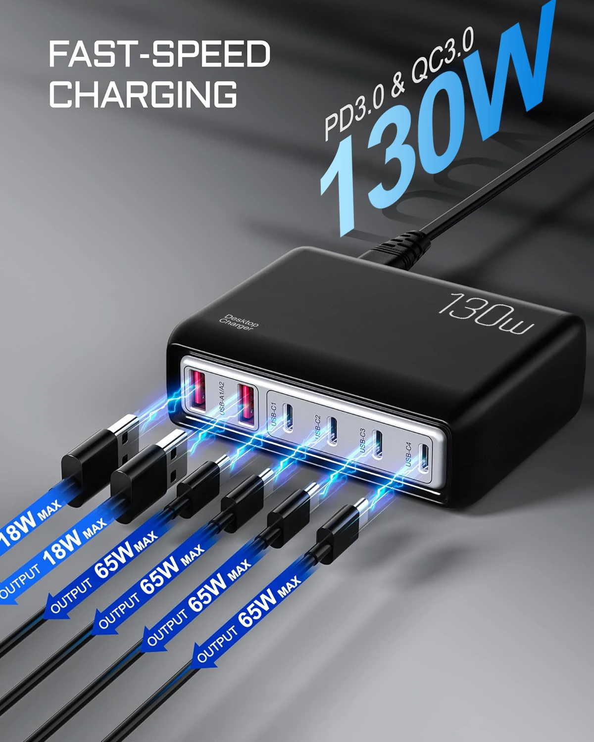 

130W Fast Charger 6 Ports Type C USB A PD3.0 QC3.0 Multi-Device Quick Charging Station For iPhone 16 HUAWEI Phone Laptops