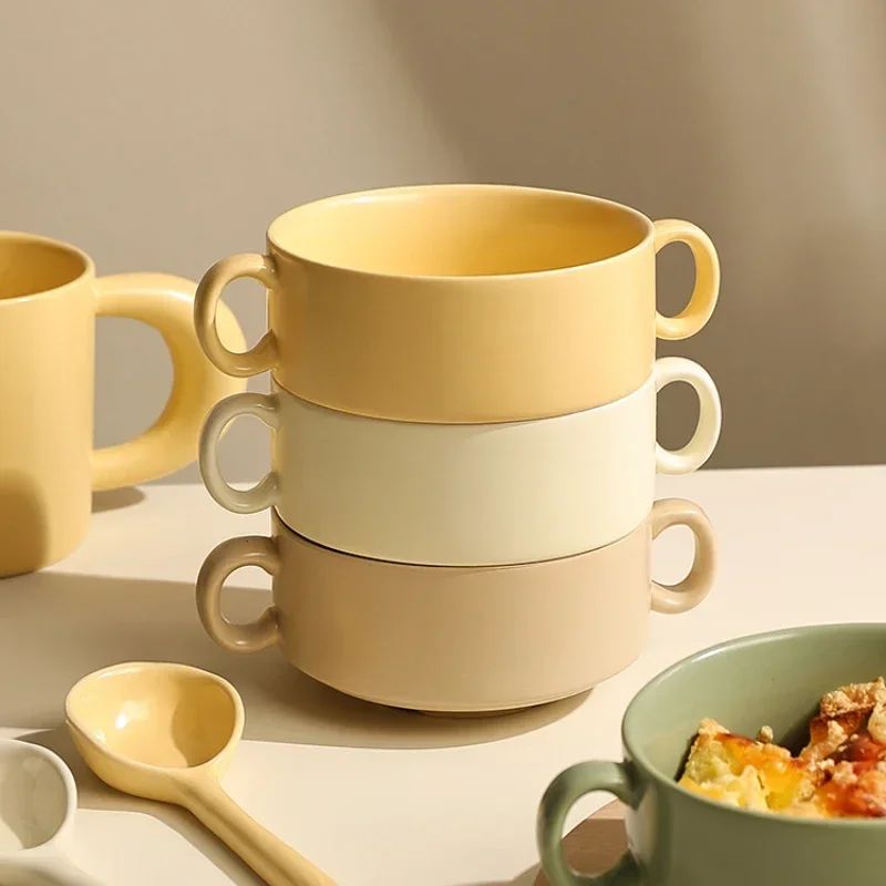 Ceramic Binaural Bowl Korean Style Solid Color Homehold Tableware Breakfast Fruit Salad Rice Soup Lunch Bowl Ramekin Kitchenware