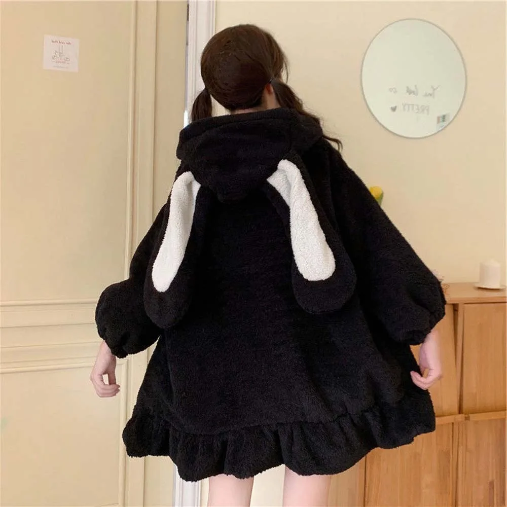 

Zip-up Plush Rabbit Ears Hoodies Cartoon Pajamas Kawaii Lolita Hooded Cardigan Warm Coat Harajuku Long Sleeve Hoodies Travel