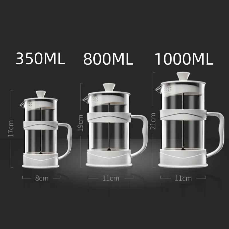 Weißes, transparentes, hitzebeständiges Glas, French-Press, 350 ml/800 ml/1000 ml, Kaffeekanne, multifunktionale Hand-Punch-Kanne, Kaffeegeschirr