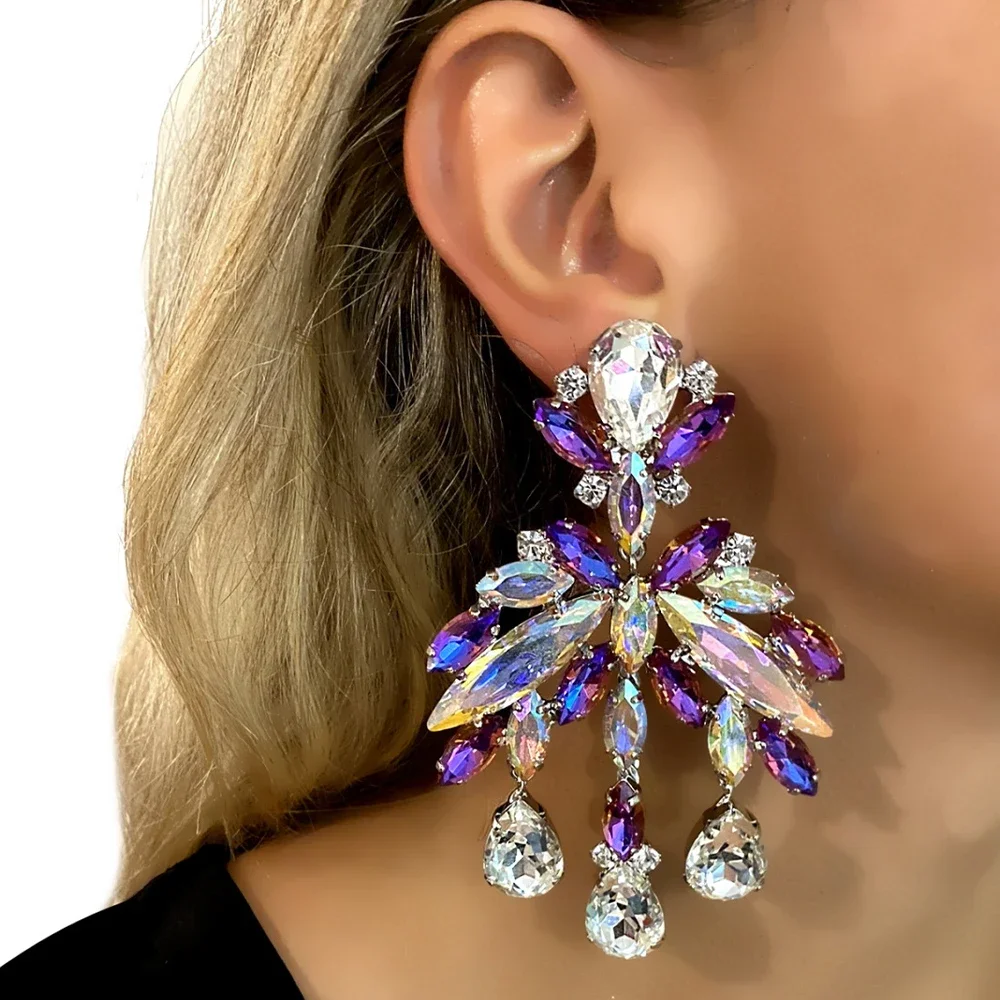 Purple Colorful Crystal Dangle Earrings for Women 2023 Trending Statement Accessories Tassel Rhinestone Earrings Stud Jewelry