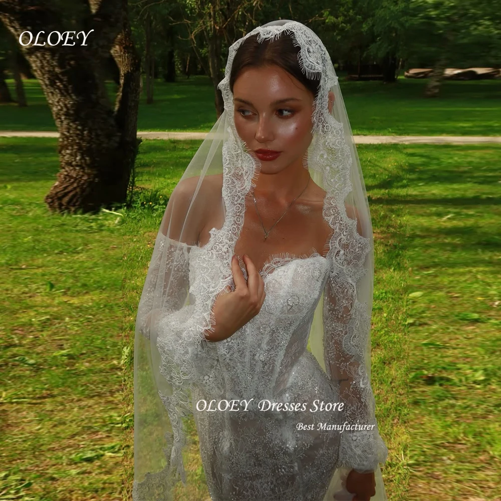 

OLOEY Customized Stunning Scoop Beaded Appliques Wedding Dress Robe De Mariée Illusion Long Sleeves Mermaid Bridal Gown