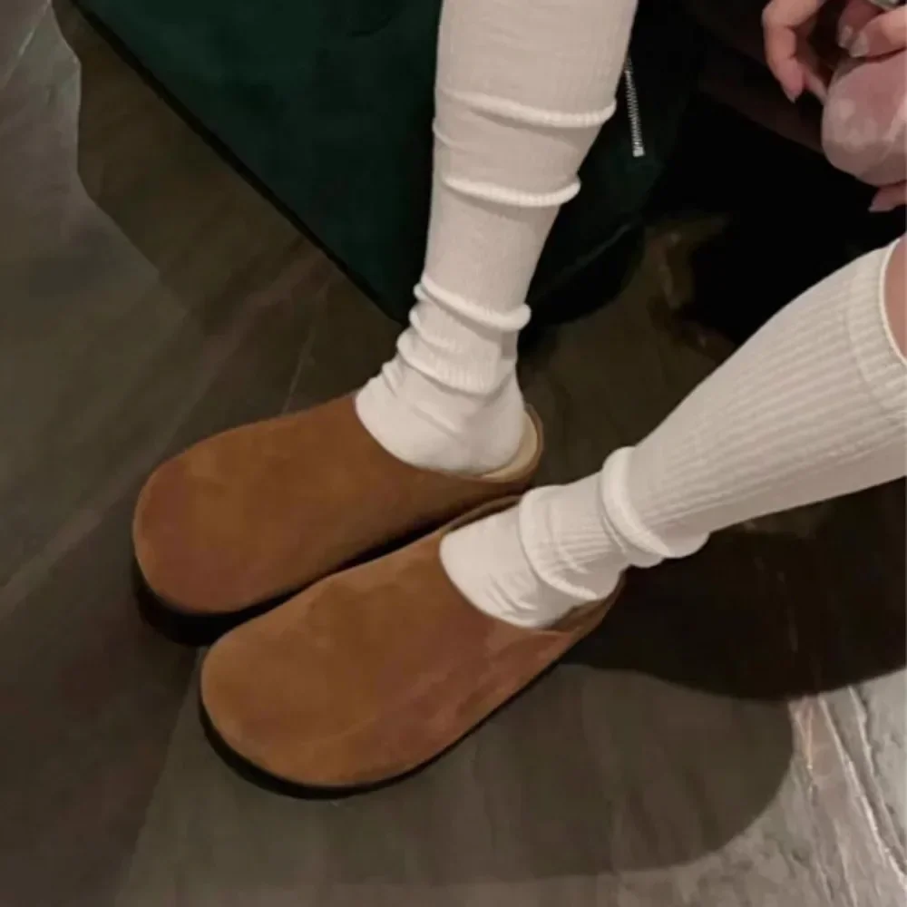 Genuine Leather Slippers Women Outside Baotou Half Slippers Female Cow Suede Leather Women Slippers Flat Bottomed Sandals Women