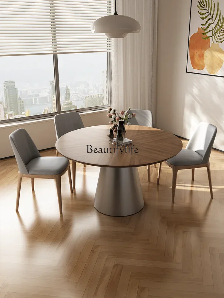 FGBlack walnut parquet round table household round solid wood stainless steel round meal