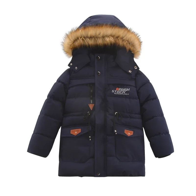 New Winter Boys Jacket Heavy Plus Velvet Thicken Fur Collar Keep Warm Hooded Windbreaker Coat For 3-12 Years Old Kids