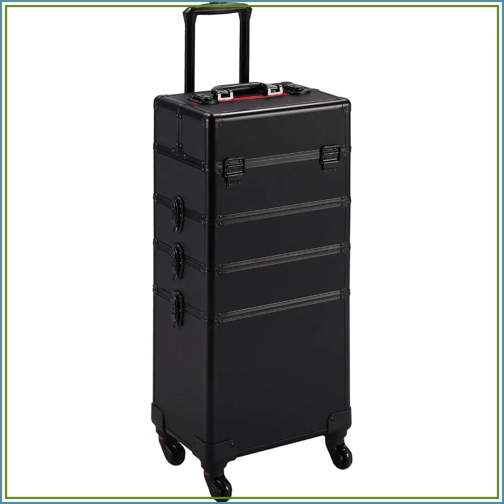 4-in-1 Rolling Makeup Train Case, Lockable Black Cosmetology Cart with Detachable Tiers & Accordion Trays for Organized Beauty Supplies