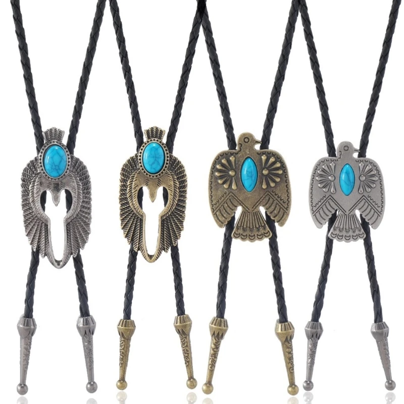

50JB 4Pcs Mens Punk Cowboy Bolo Tie Necktie Leather Rope Necklace with Metal Flying Eagle Stone Pendant Jewelry Shirt Chain