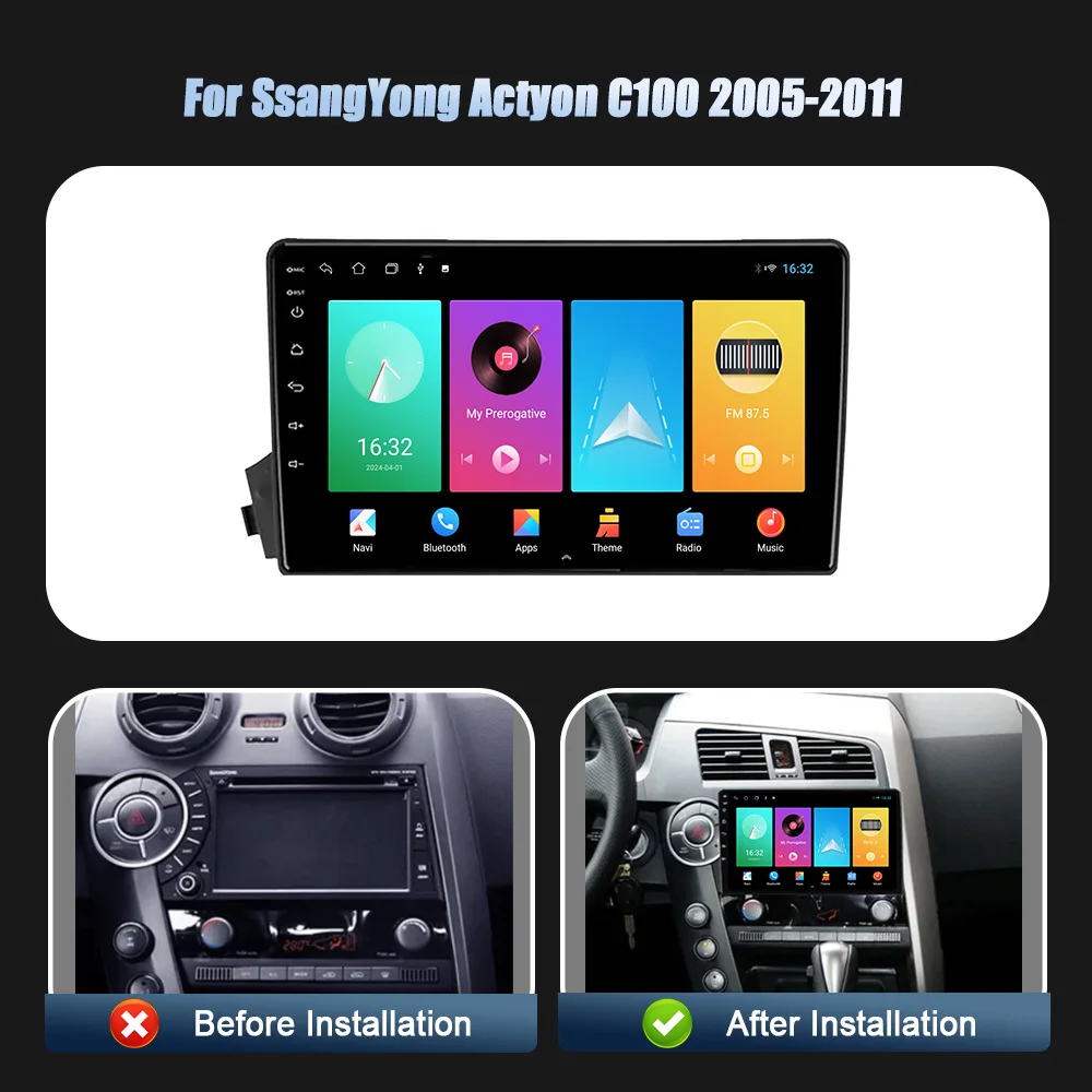 Car Radio Multimedia Navigation Player Android 14 For SsangYong Actyon C100 2005-2011 WIFI 4G Wireless Carplay Stereo Screen