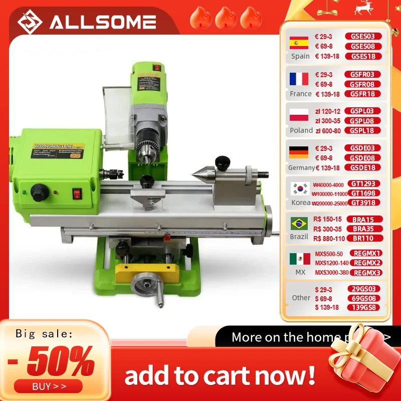 ALLSOME BG-3309 Mini Wood Lathe Machine Variable-Speed Benchtop Woodworking Lathe Rotary Tool Buddha Pearl Grinding Polishing DI