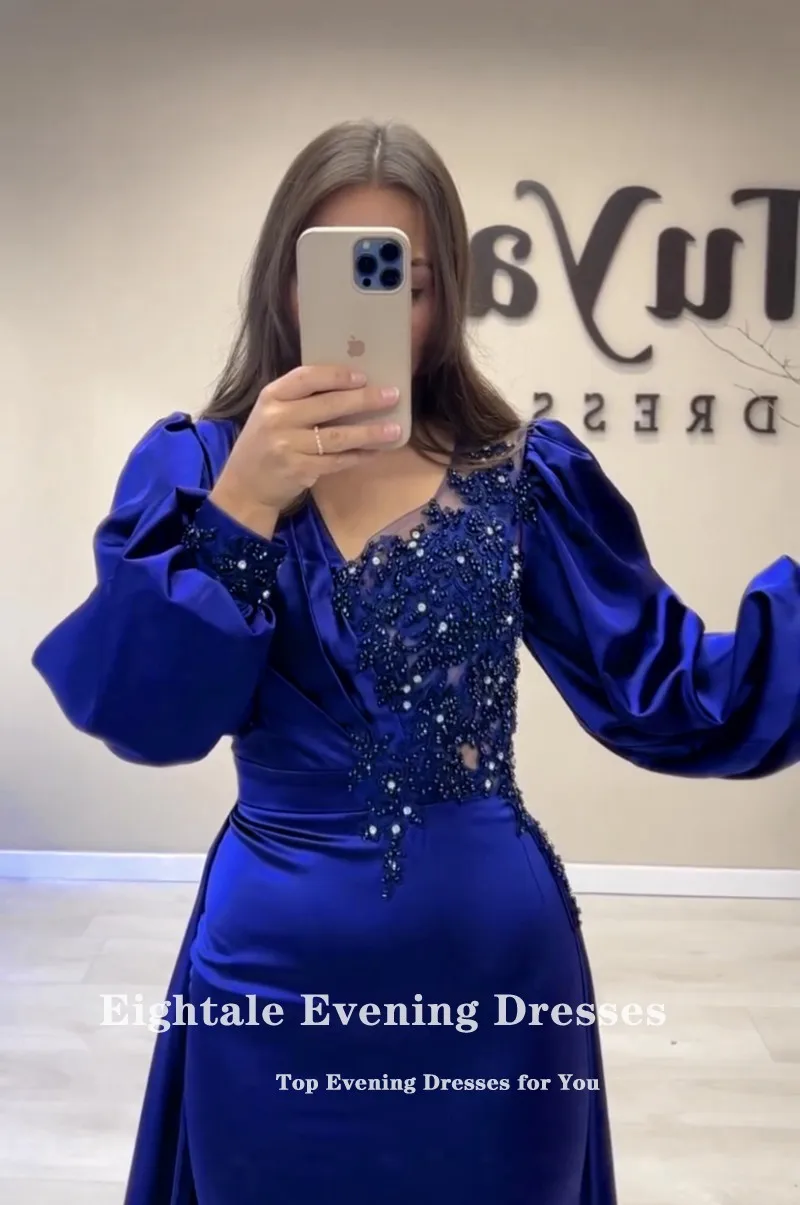 Eightale Royal Blue Evening Dress for Wedding Party Beaded Long Sleeves Customized Mermaid Satin Arabic Celebrity Prom Gowns