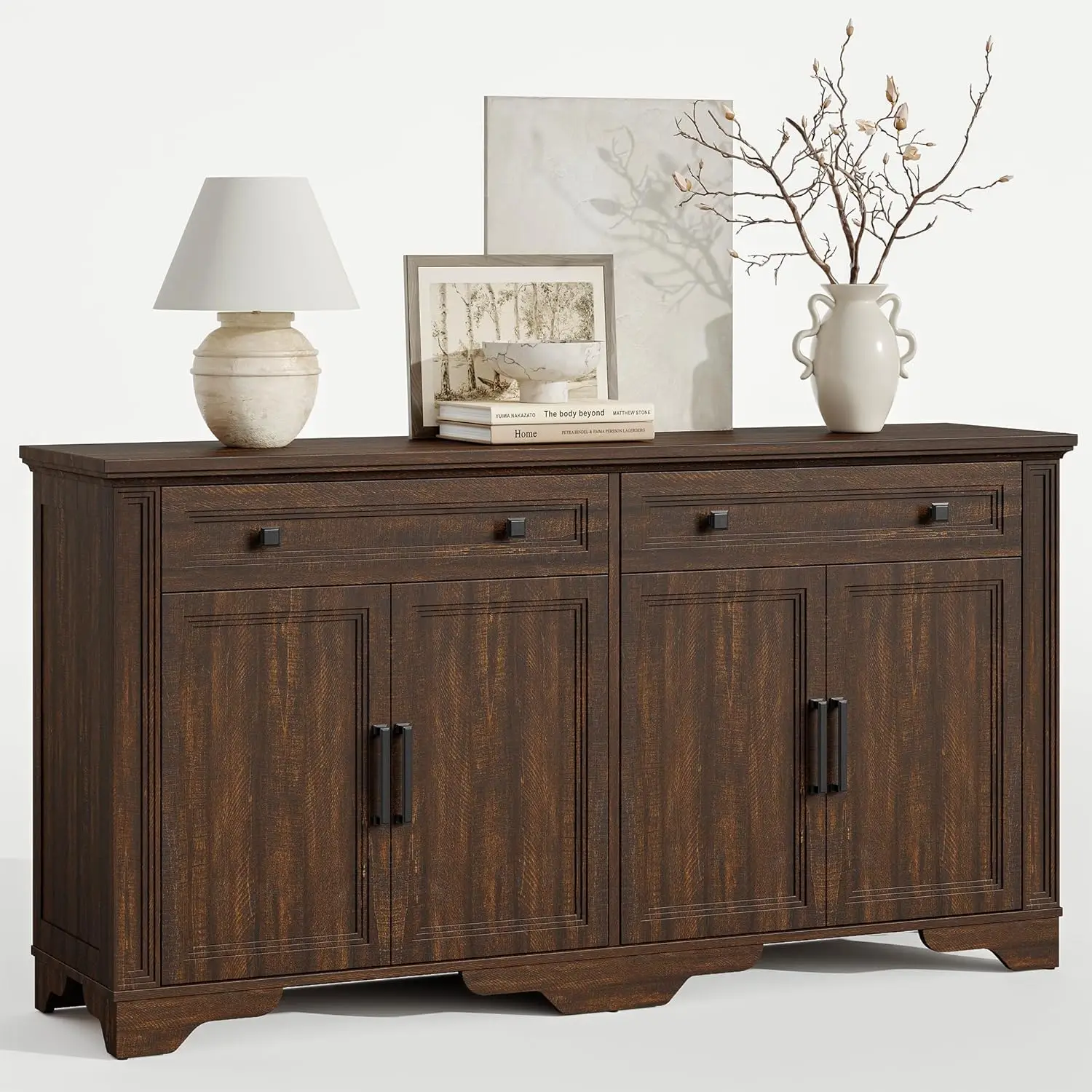 

63" Sideboard Buffet Cabinet,Large Credenza with Drawers & Doors, Wood Coffee Bar Console Wine Bar for Living Room Hallway Brown