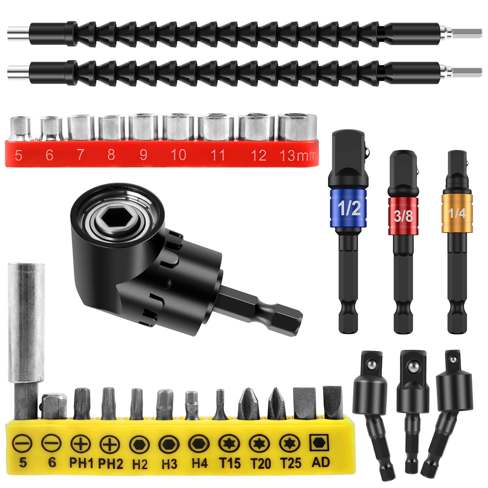 30Pcs Flexible Drill Bit Extension Kit Quick Release Soft Shaft Screwdriver Kit with 12 Screwdriver Bits 9 Hex Drive Socket