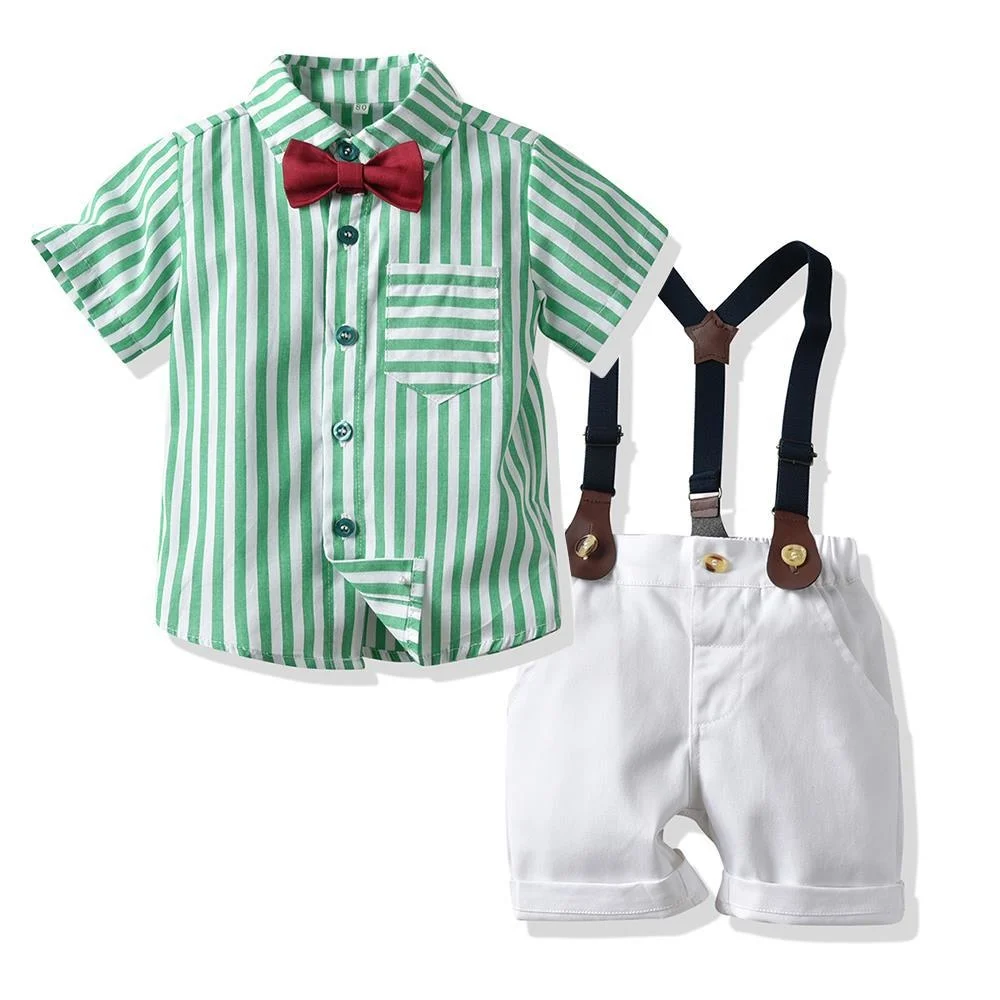 Summer Baby Boy Clothing Set Boys Clothing 2pcs Short Sleeve Blouse+Suspenders Gentleman Striped Children Suit