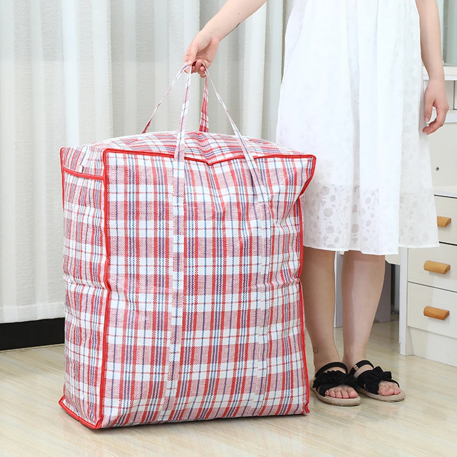 Thicken printing portable woven plaid storage bag, moving shopping, travel packing bag, large-capacity clothes sorting quilt bag