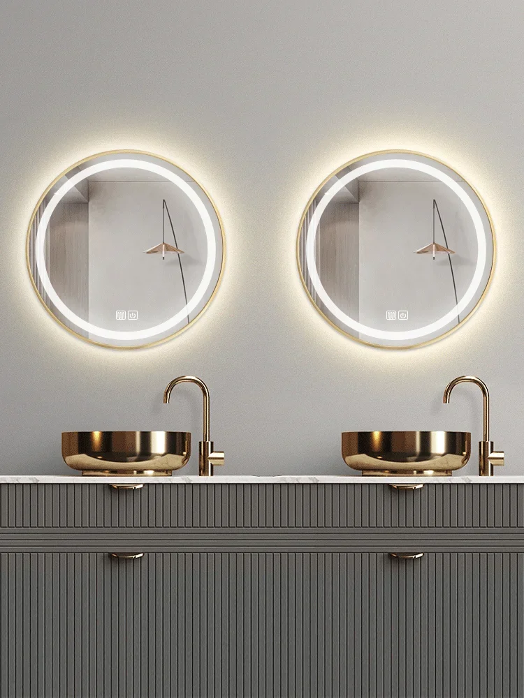 Intelligent bathroom mirror without punching, aluminum alloy frame, LED light mirror, circular toilet, defogging mirror