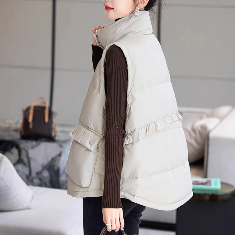 Sleeveless Down Jacket with Large Pockets for Women, Warm Vest, Sleeveless, Standing Collar, Casual, 2024 Autumn and Winter