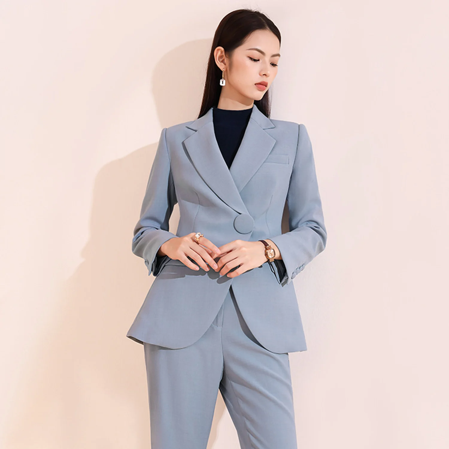 

Женский деловой костюм Allingentle Blue, 2 предмета, элегантный повседневный наряд для офиса, с возможностью индивидуального пошива