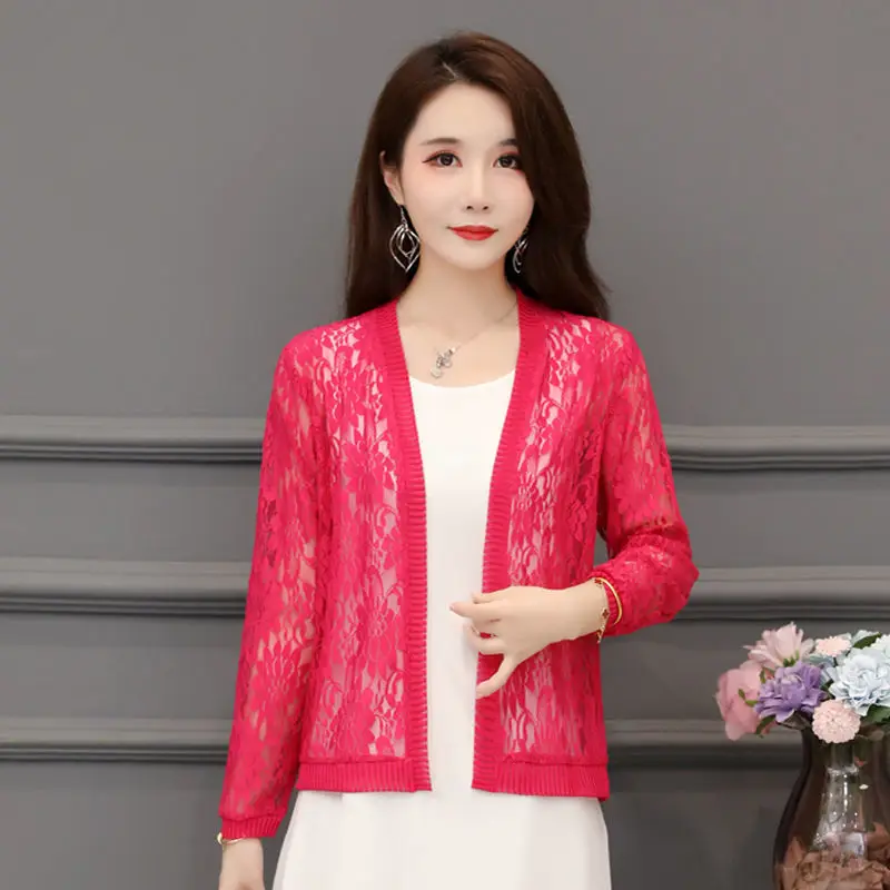 2024 Autumn Summer 6XL Lace Cardigan Women Female Cardigans Solid Color Shawl Coat Ladies Outerwear E130