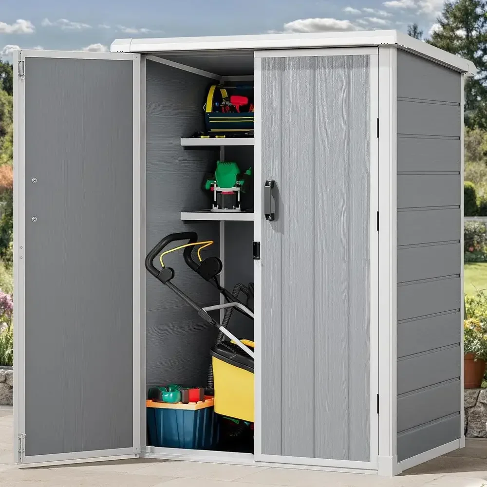 60-Foot Tall Outdoor Storage Shed with 2 Shelves, 5x3 Tool Shed with Floor and Lockable Door, Durable Double-Walled Plastic Cabi