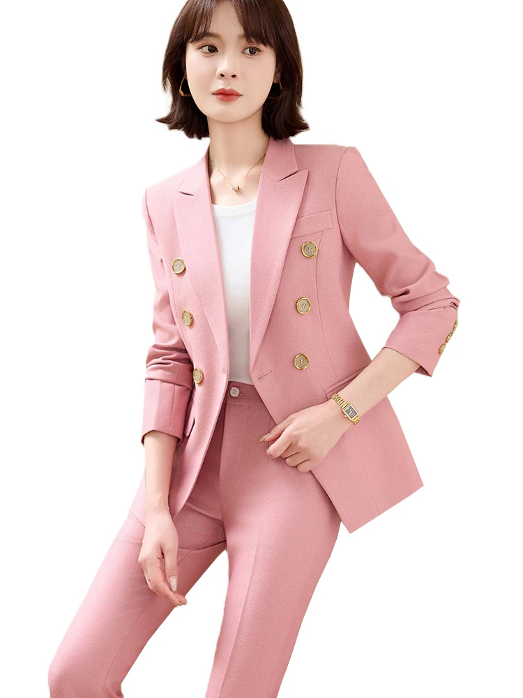 

Fashion Winter Women Pant Suit Work 2 Piece Set Pink Apricot Black Ladies Female Formal Blazer Jacket And Trouser