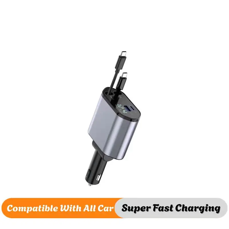 

4-in-1 120W Retractable Car Charger Cable USB Type-C Lightning Fast Charging Cord for All Cars & All Smartphones
