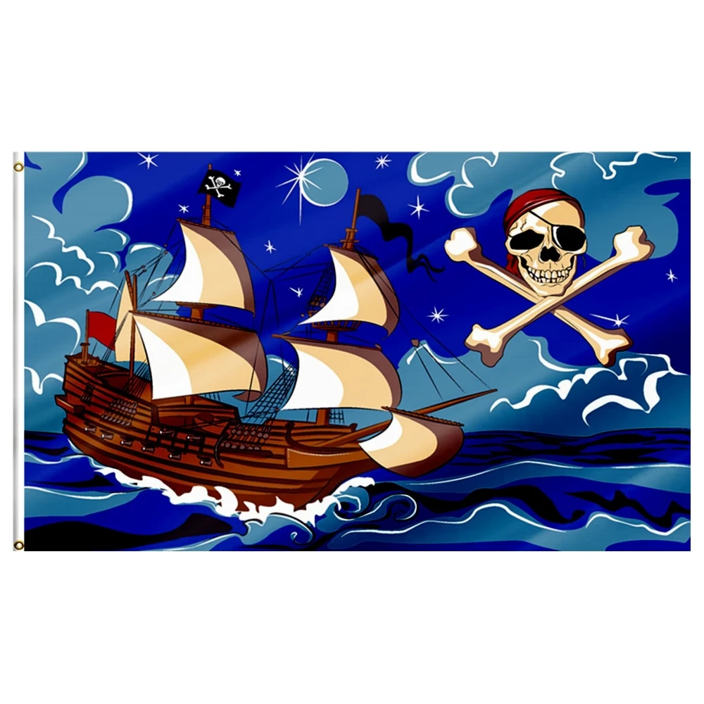 Pirate Ship Flag Vivid Color Polyester Jolly Roger Flags Skull Bones Pirate Banner with Brass Grommets for Indoor and Outdoor