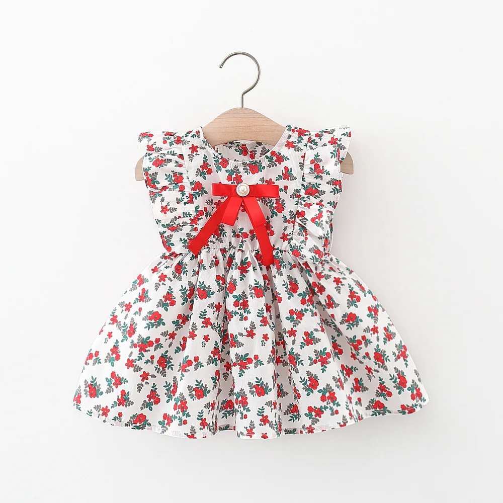 

Sweet Bowknot Baby Girls' Dress Summer Lotus Leaf Sleeve Sleeveless Cotton Flower Preschool Children's Wear Casual Children's