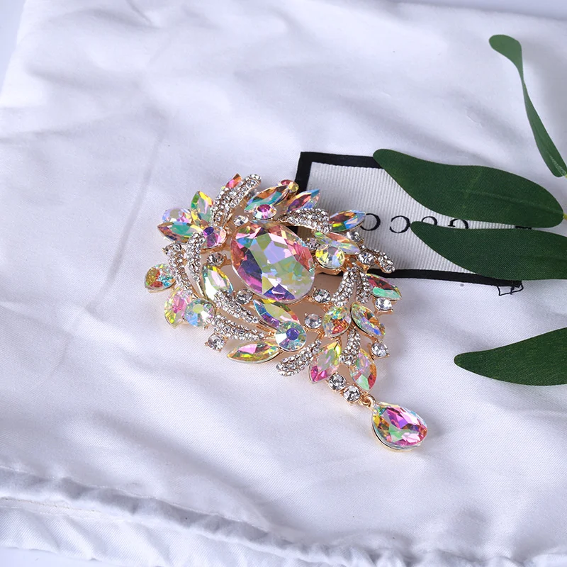 Fashionable Shiny Glass Rhinestone Corsage Exaggerated Gem Coat Accessories Pin Phantom Droplet Broch