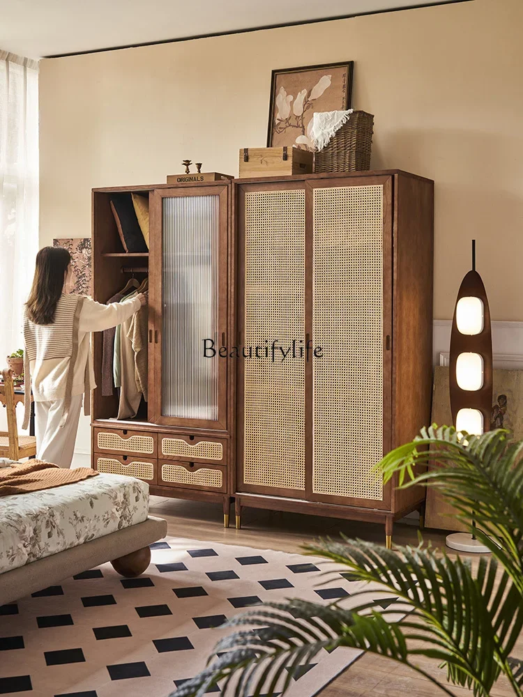 Retro solid wood rattan wardrobe B & B double door glass sliding locker integrated wall wardrobe