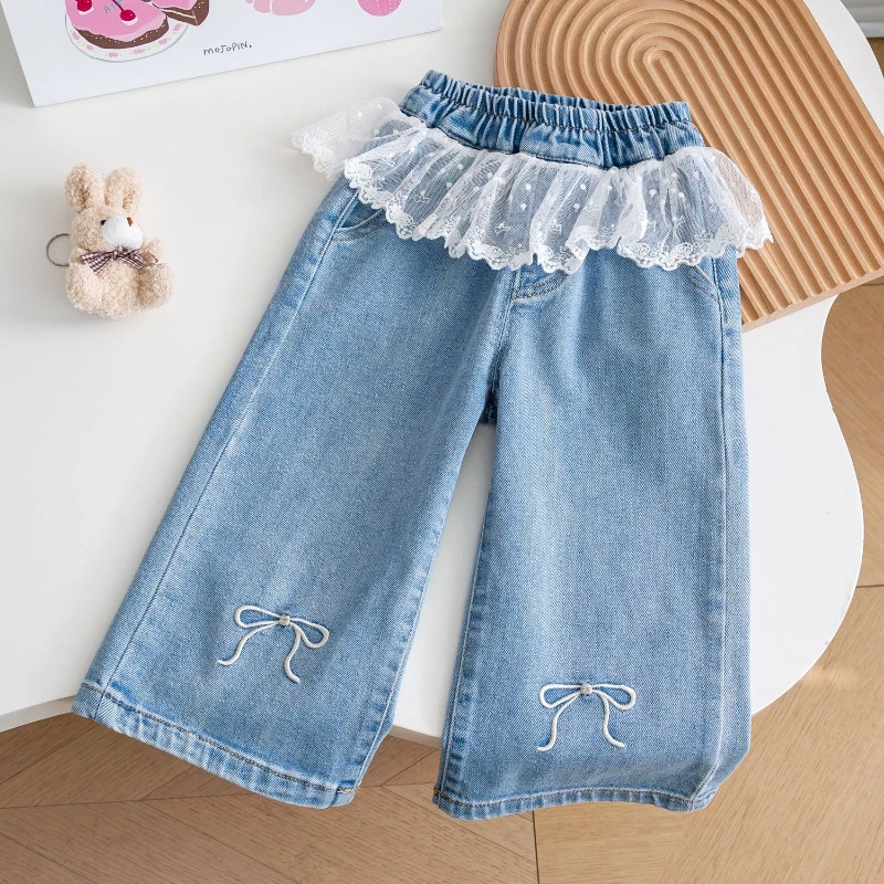 

2025 Autumn New Girl's Bow Splicing Lace Butt Curtain Design with Wide Leg Cowboy Pants