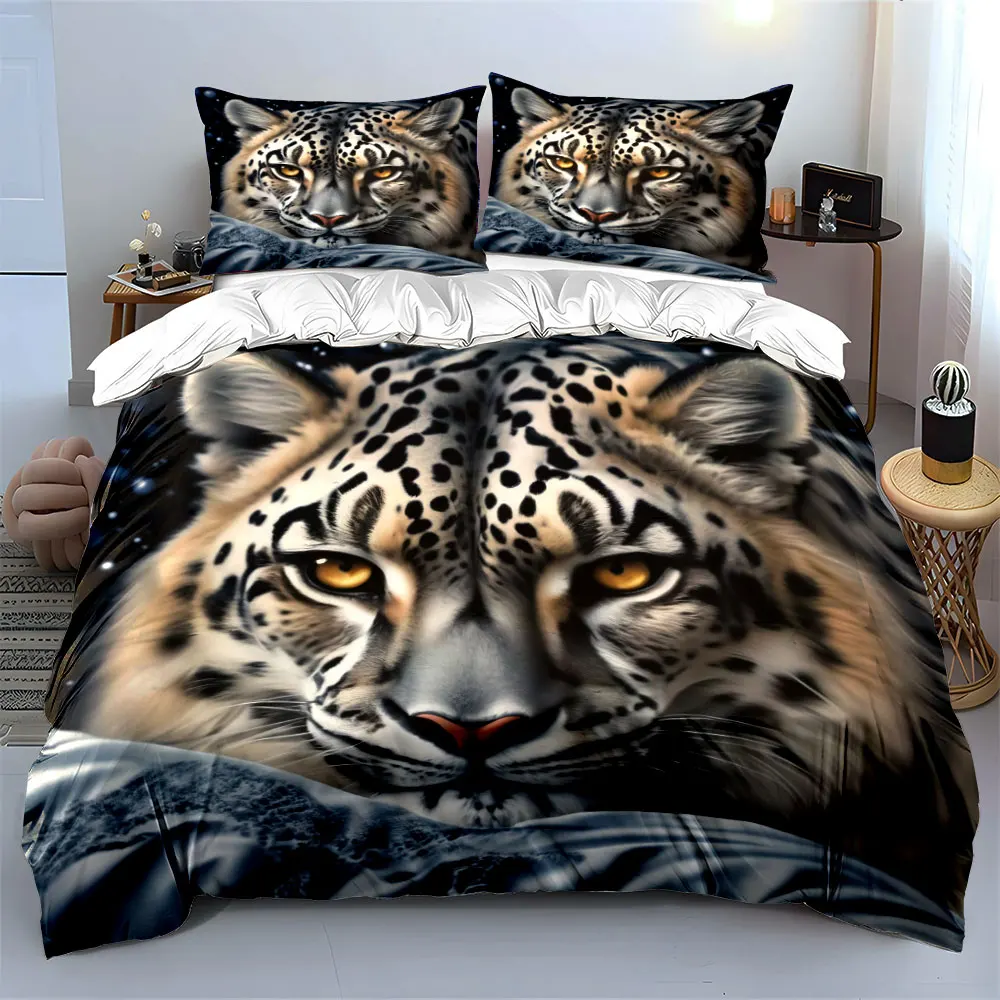 Realistic Starry Snow Leopard Animal print Bedding Set 3pcs,Soft Skin-Friendly Bedding Set Includes 1 Duvet Cover 2 Pillowcase