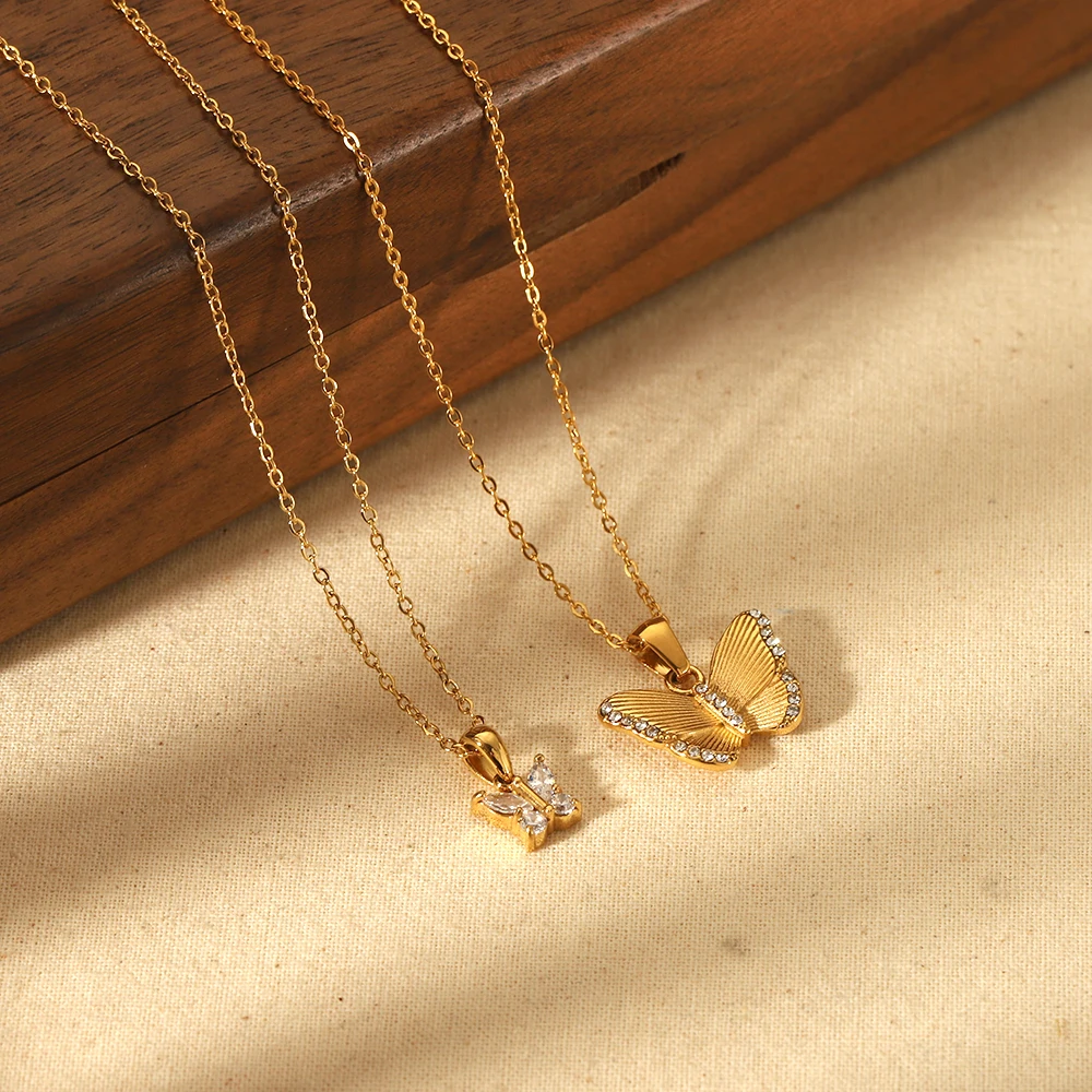 

Waterproof 18K Gold Plated Stainless Steel Necklace Butterfly Inlaid Cubic Zirconia Pendant Necklaces for Women Party Gift