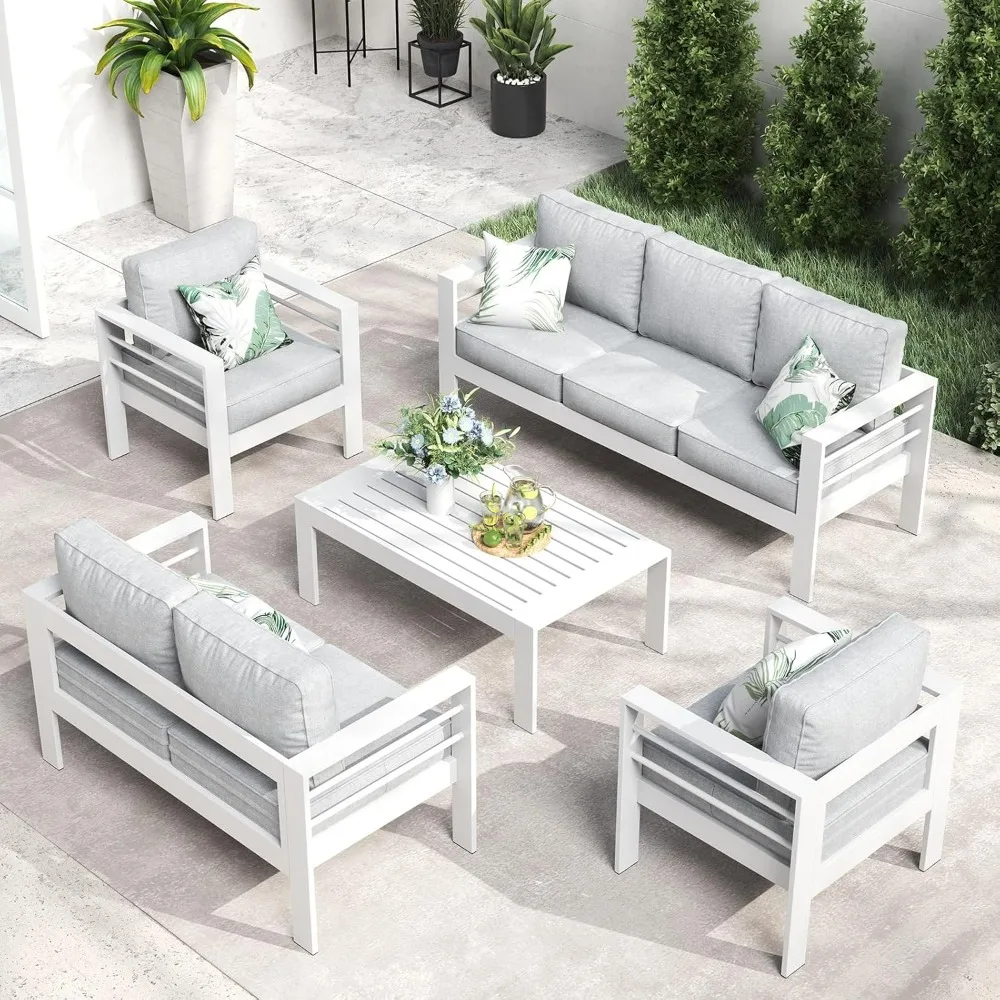 Outdoor Aluminum Furniture Set, 5 Pieces Patio Sectional Conversation Chat Sofa Modern Seating Set with Coffee Table