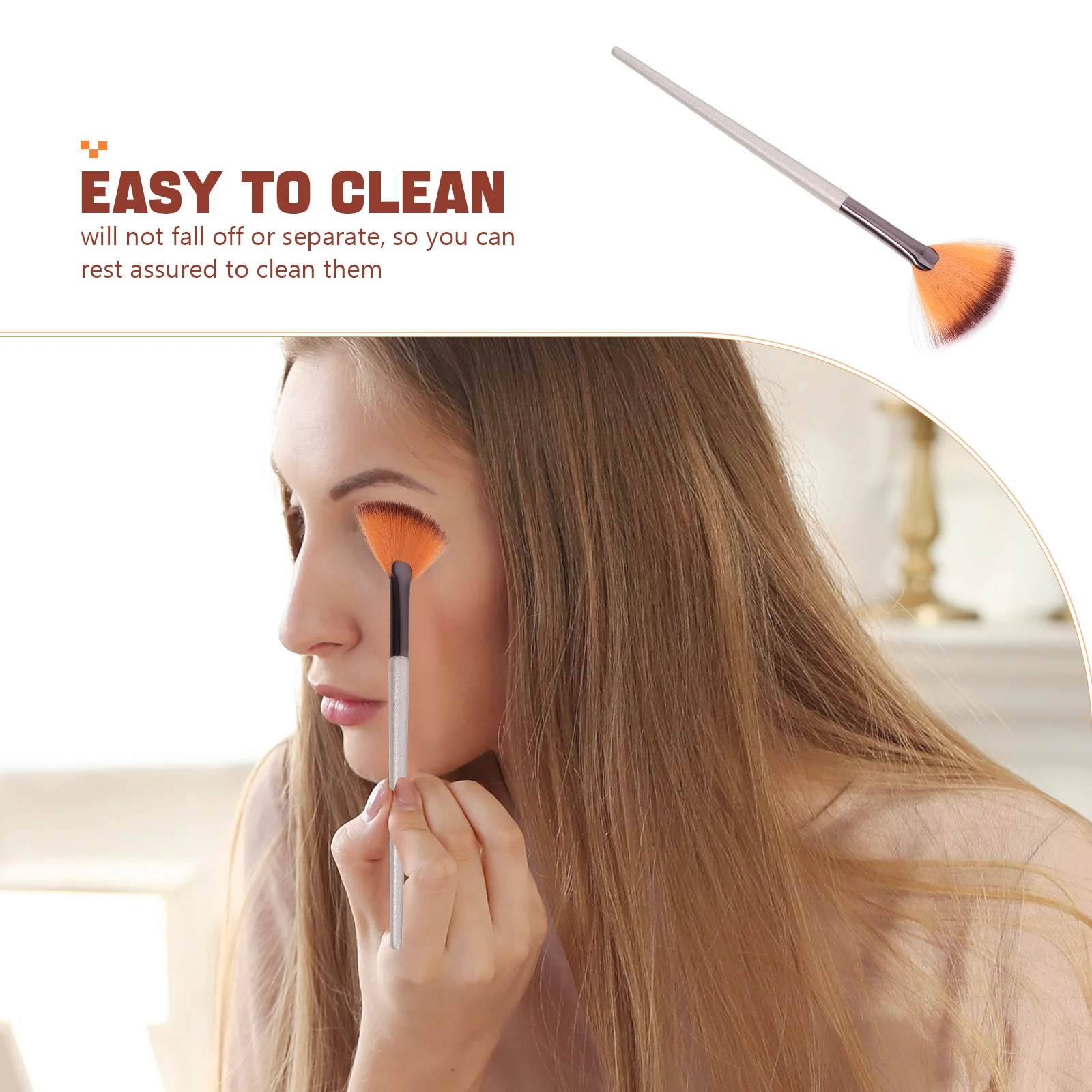 Pędzel do makijażu z drewnianą rączką, w kształcie wachlarza, z syntetycznymi włosiem nylonowym, do pudru, podkładu, blendowania, gęsty, miękki.