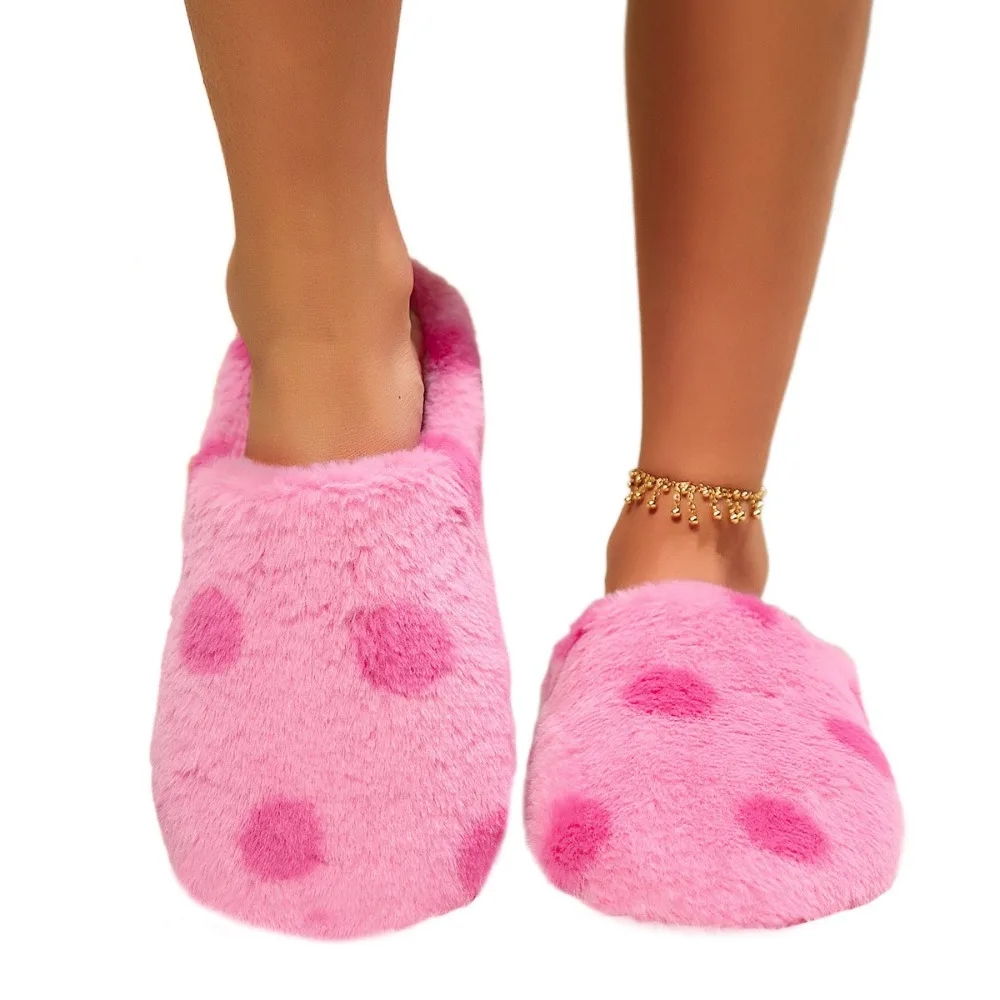 

Soft Sole Slide Slippers Lightweight Anti-slip Dots Fur Slipper Slippers Women Patchwork House Flat Shoes Winter