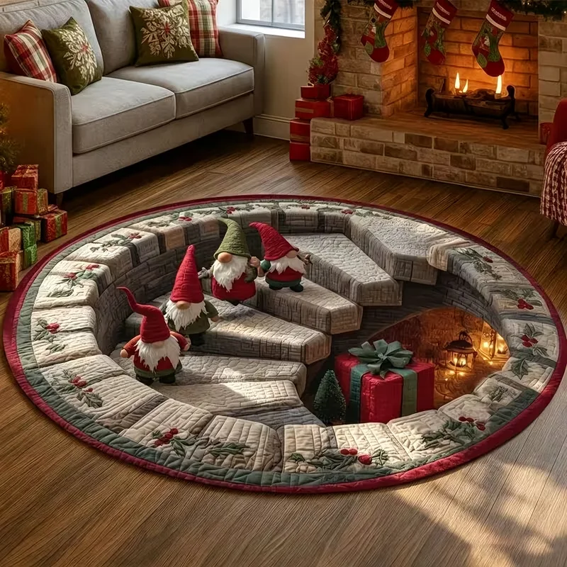 Round Christmas 3D Cave Visual Area Rug, Gnome Gift Holly Leaf Print Decorative Round Floor Mat for Home Holiday