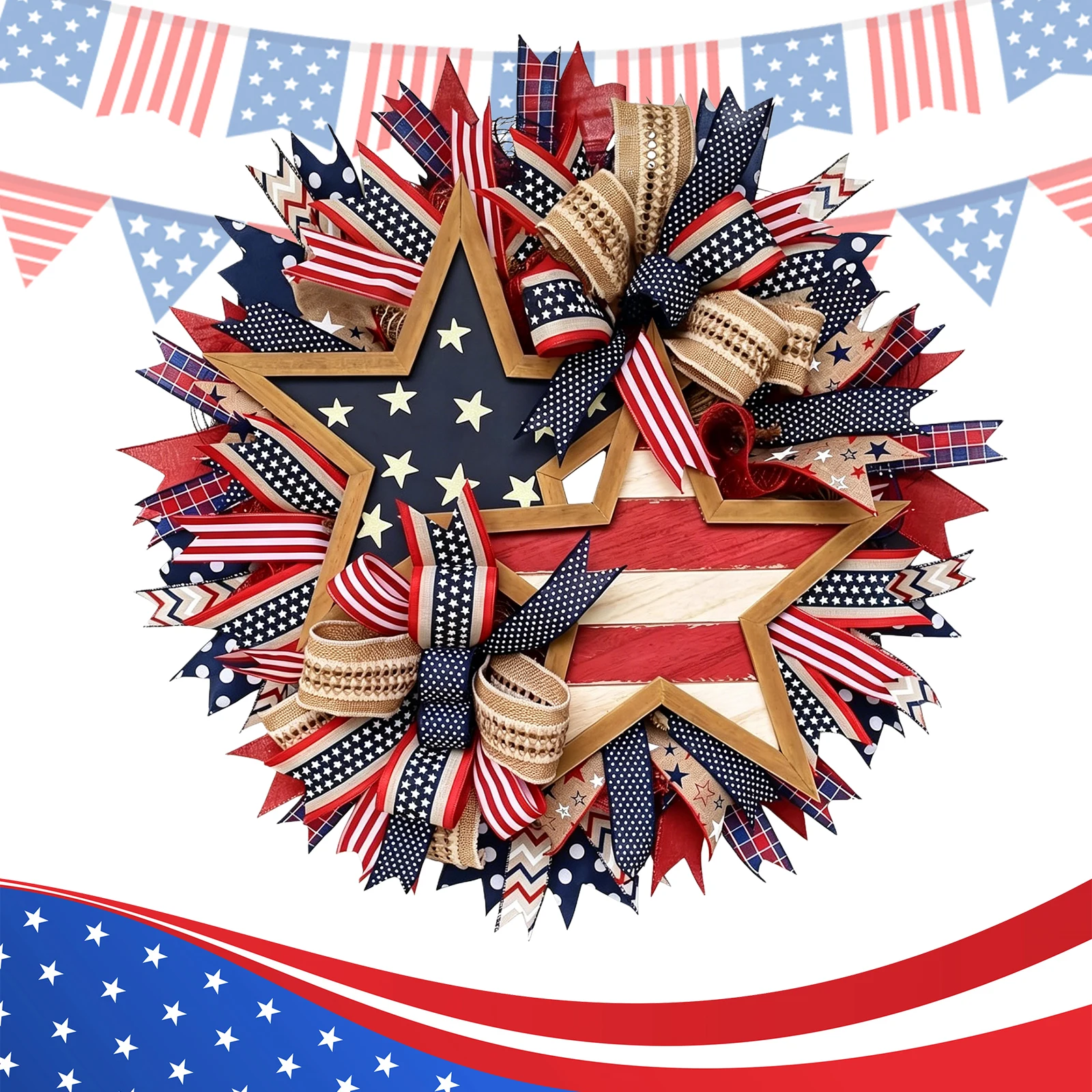 

16 Inch Patriotic Wreaths for Front Door Wooden 250th Anniversary Patriotic Wreath 4th of July Wreaths Holiday Hanging Ornament