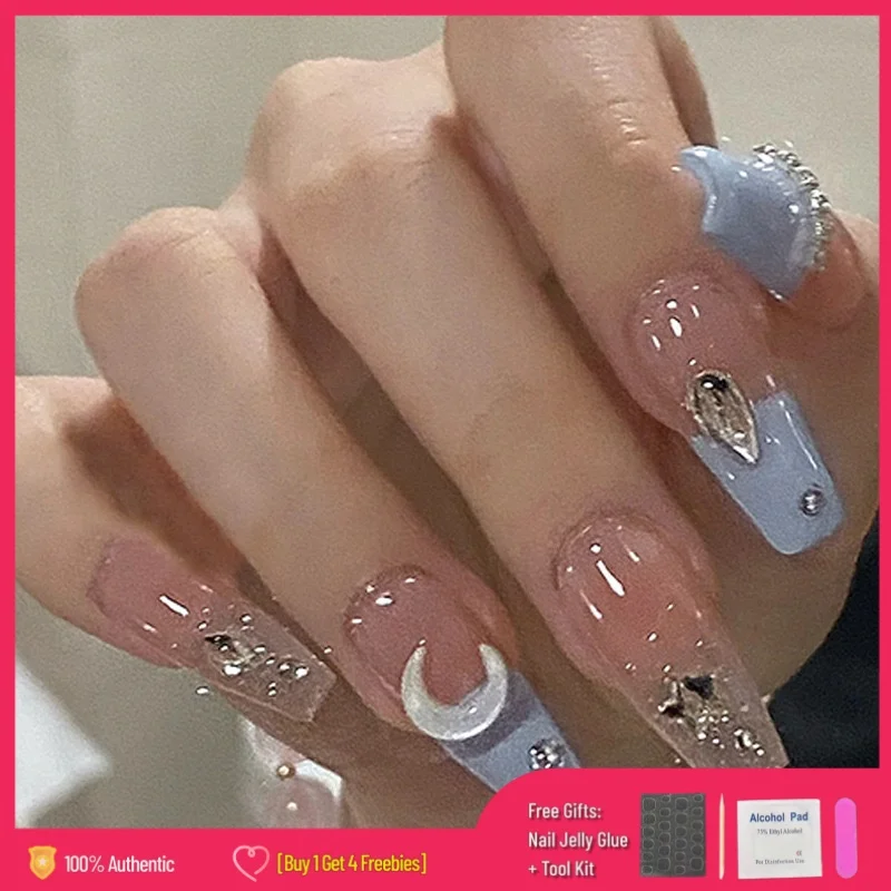 【Pegamento de gelatina gratis + regalo】 24 unids/set uñas postizas para decoración de uñas con diamantes brillo rosa plateado usando puntas de uñas postizas reutilizables