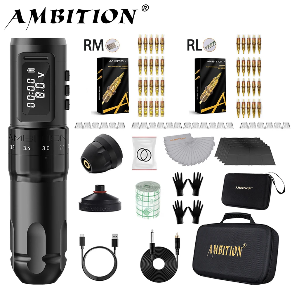 Ambition MARS-U Tattoo Machine Kit Wireless Battery Tattoo Pen Adjustable Stroke 2.2-4.2mm Professional Coreless Motor 1800mAh