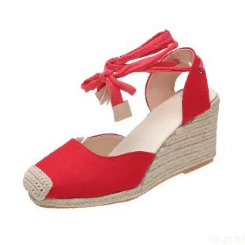2026 Neue Damen-Sandalen mit großem Keilabsatz, dicker Sohle, Baotou-Tasche mit Fußringriemen, Stoffoberfläche, Hanfseil-Sandalen für Damen – Detail 5
