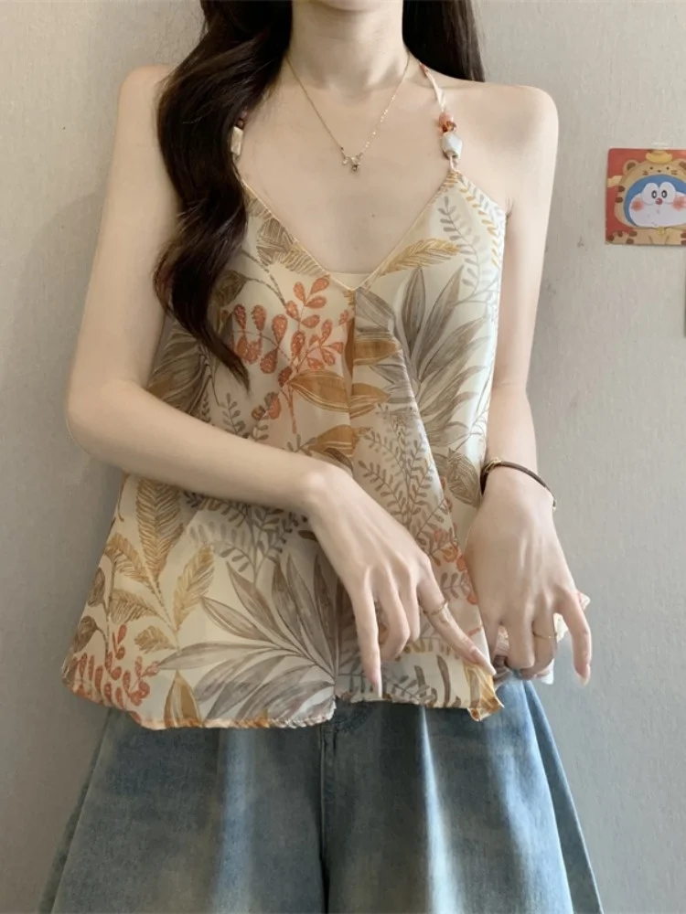 Summer Vacation Island Style Women's Vest Strapless Neck Hanging Bead Design Sensual Sleeveless V-neck Transparent Chiffon Top