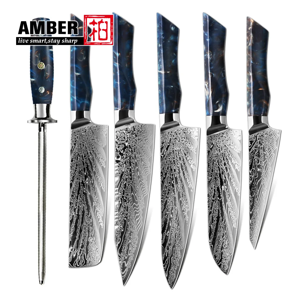 AMBE 73 Layer Damascus Steel Kitchen Knives Set Resin Handle Sharp Santoku Bread Boning Knife Practical Kitchen Cutting Tools