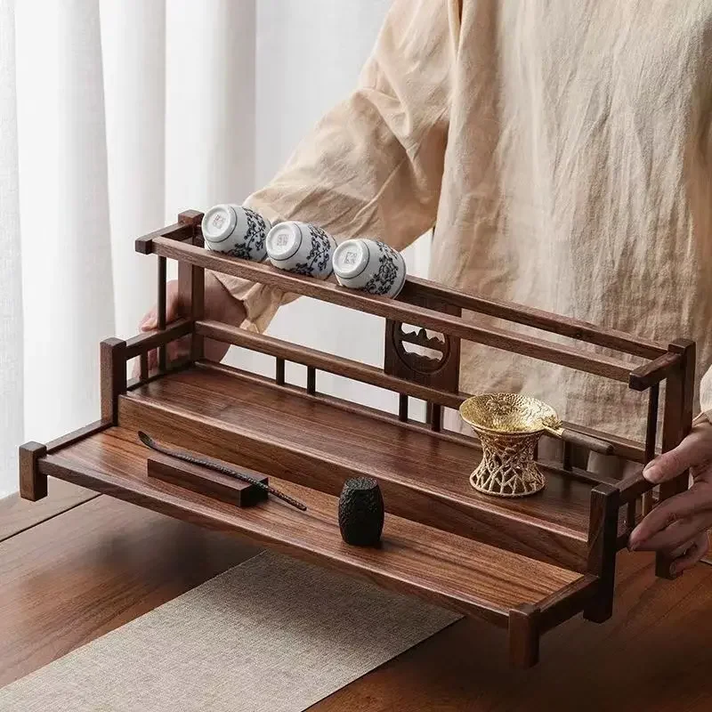 

North American Black Walnut Double Layer Rectangular Tea Cup Holder New Chinese Style Tea Pot Lid Bowl Tea Set Storage Rack