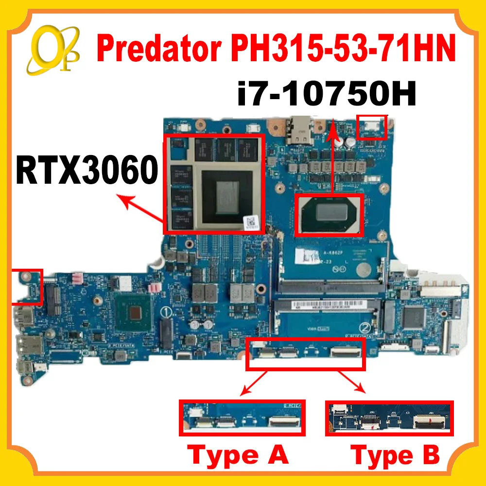 Материнская плата GH51M LA-K862P для Acer Predator PH315-53-71HN AN515-55, материнская плата для ноутбука с процессором i7-10750H RTX3060, 6 ГБ GPU DDR4