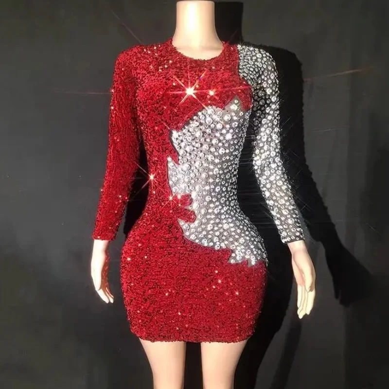 

Shinning Crytrals Diamonds Red Sequins Sexy Sheath Mini Dress Evening Party Performance Costume Bar Nightclub Stage Wear