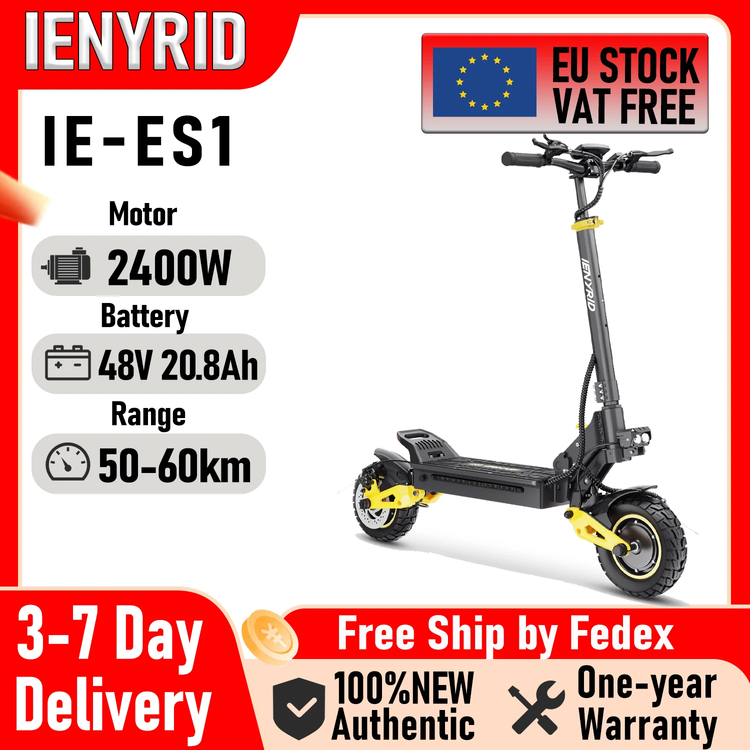 IENYRID ES1 Scooter elettrico pieghevole 2x1200W 48V 20.8Ah Batteria al litio Pneumatici da 10 pollici E-Scooter 3 modalità di velocità Picco motore 3000W