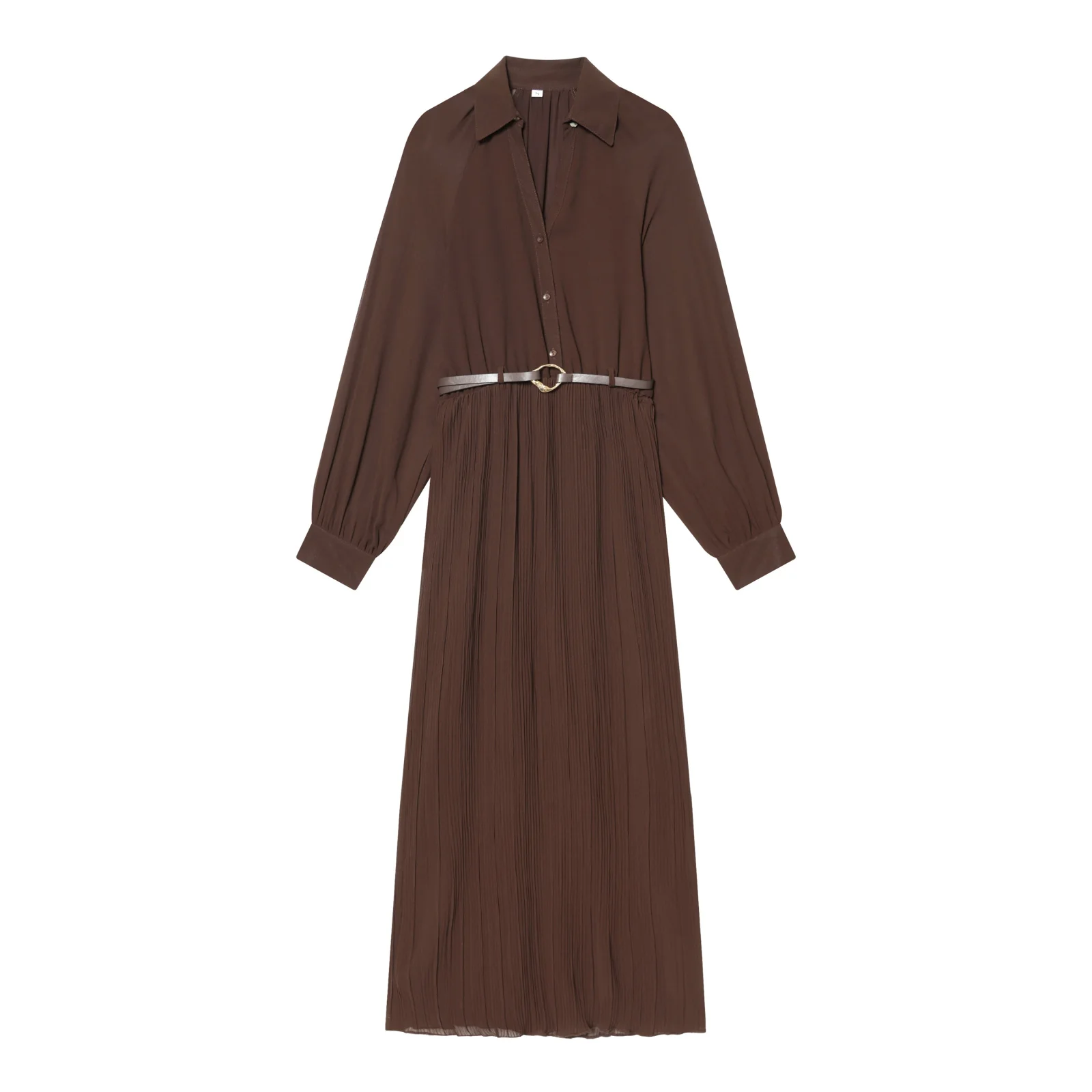 Women Shirt Dress With Belt Autumn Turn Down Collar Elastic Waistband Long Dress Pleated Hem Female Casual Chic Party Dresses