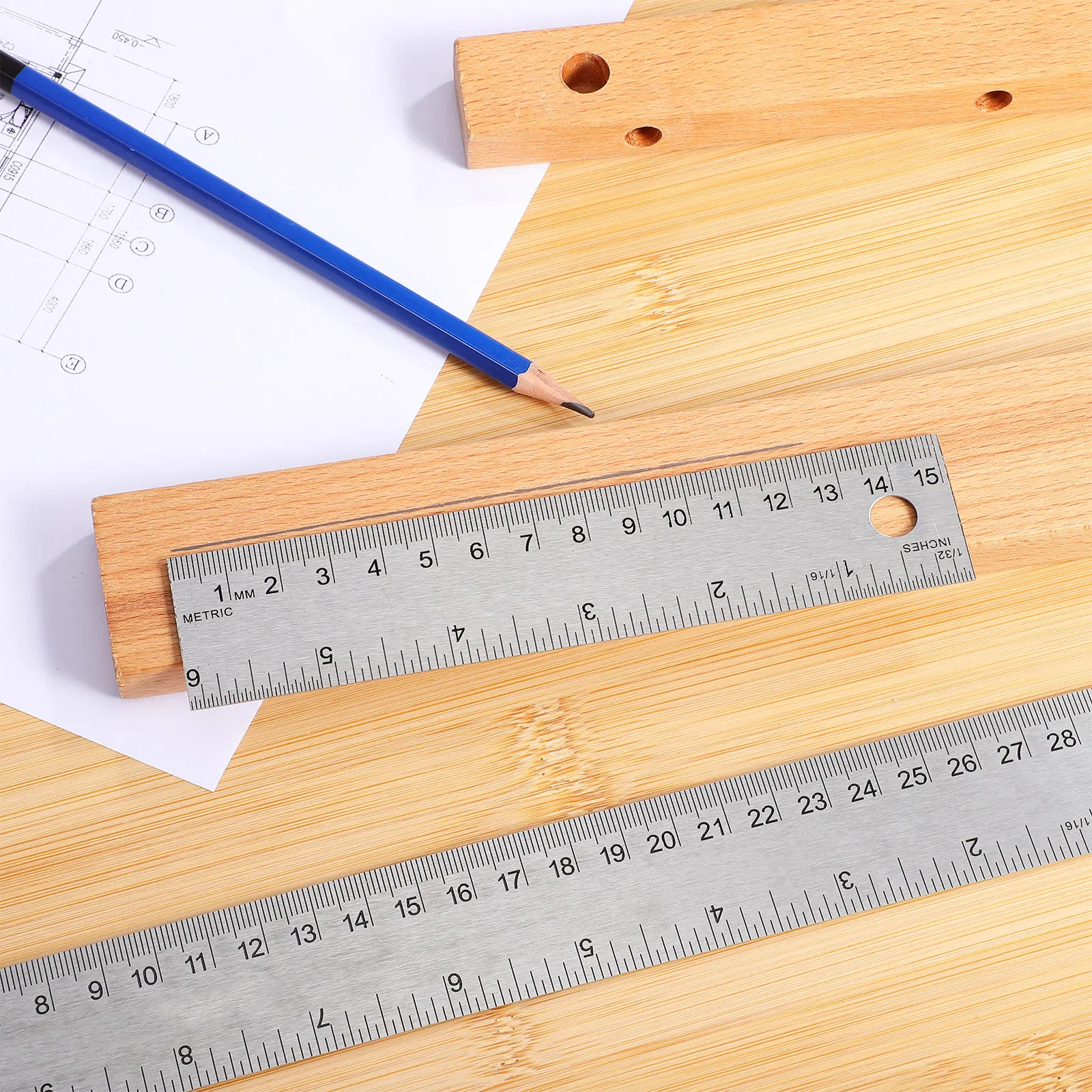 Stainless Steel Ruler Set 2 Piece 15cm 30cm Dual Scale Inch Metric Cork Back Non Slip Measuring Tool Students