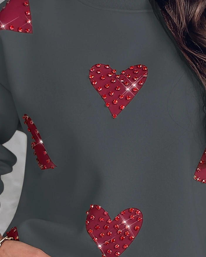 Women's fashionable casual top 2024 autumn/winter round neck heart-shaped printed long sleeved rhinestone decorated sportswear