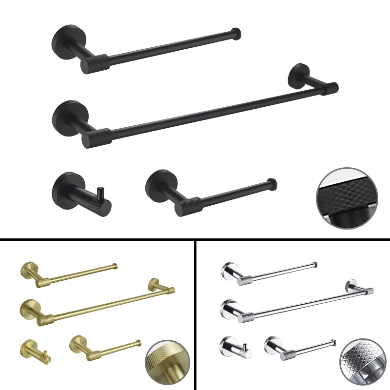 

Chrome Brushed Gold Matte Black Knurled Towel rack Wall Mounted Towel Rack Hook Paper Holder Bathroom Hardware Set